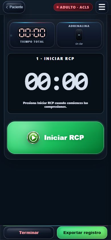 Pantalla real de RCP adulto en CardioCodex, con tiempo total, ciclo, metrónomo y registro.